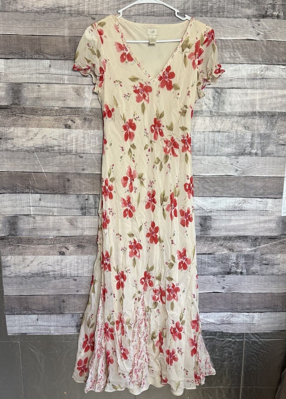 J. Jill Floral Maxi Dress V-Neck Flutter Sleeve Garden Party Dress Cream Sz 6